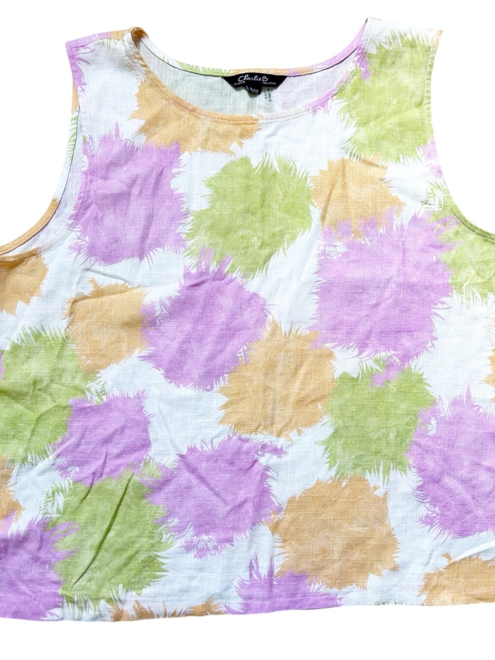 CHARLIE B Sleeveless Tank with Lavender, Lime & Orange Abstract Splotches X-Larg